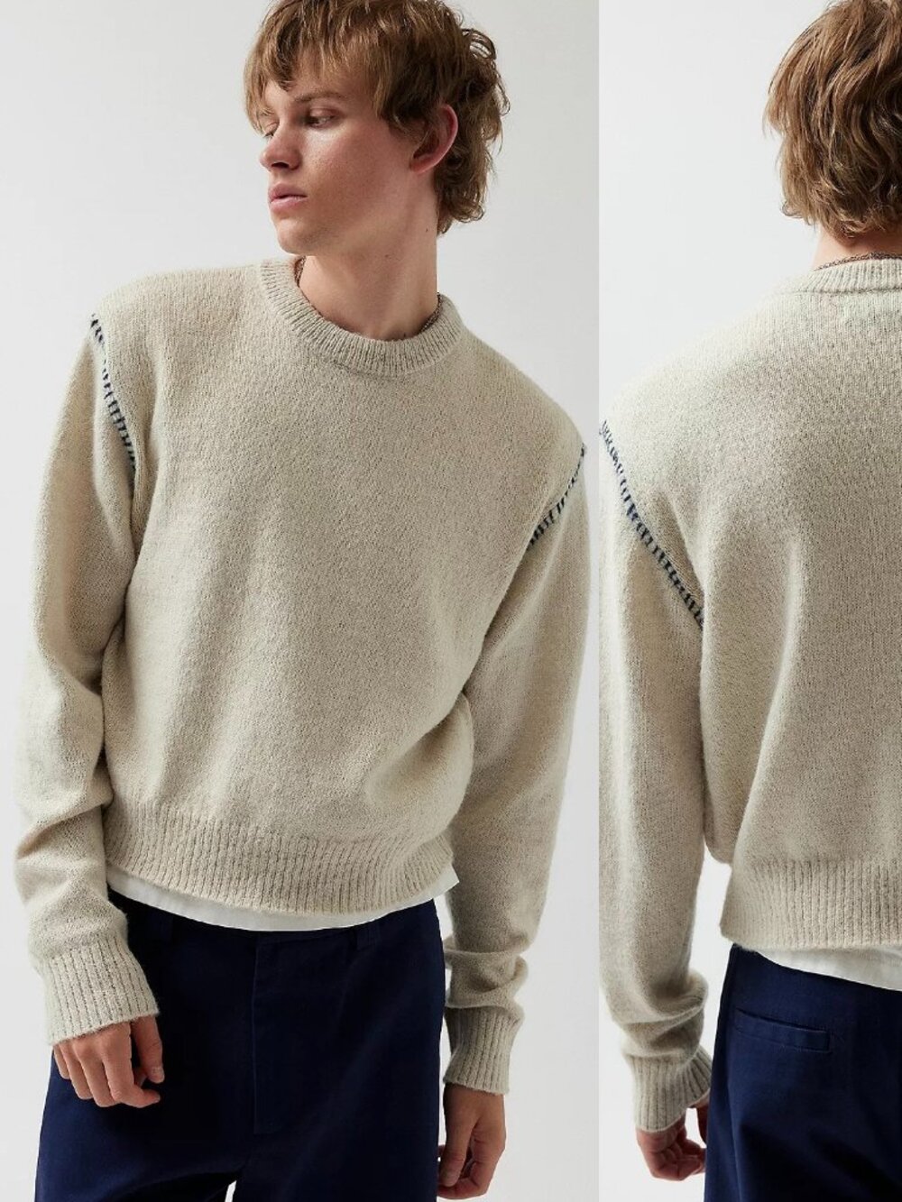 Urban Outfitters Mens Cream Hudson Knit Shrunken Jumper Sweater